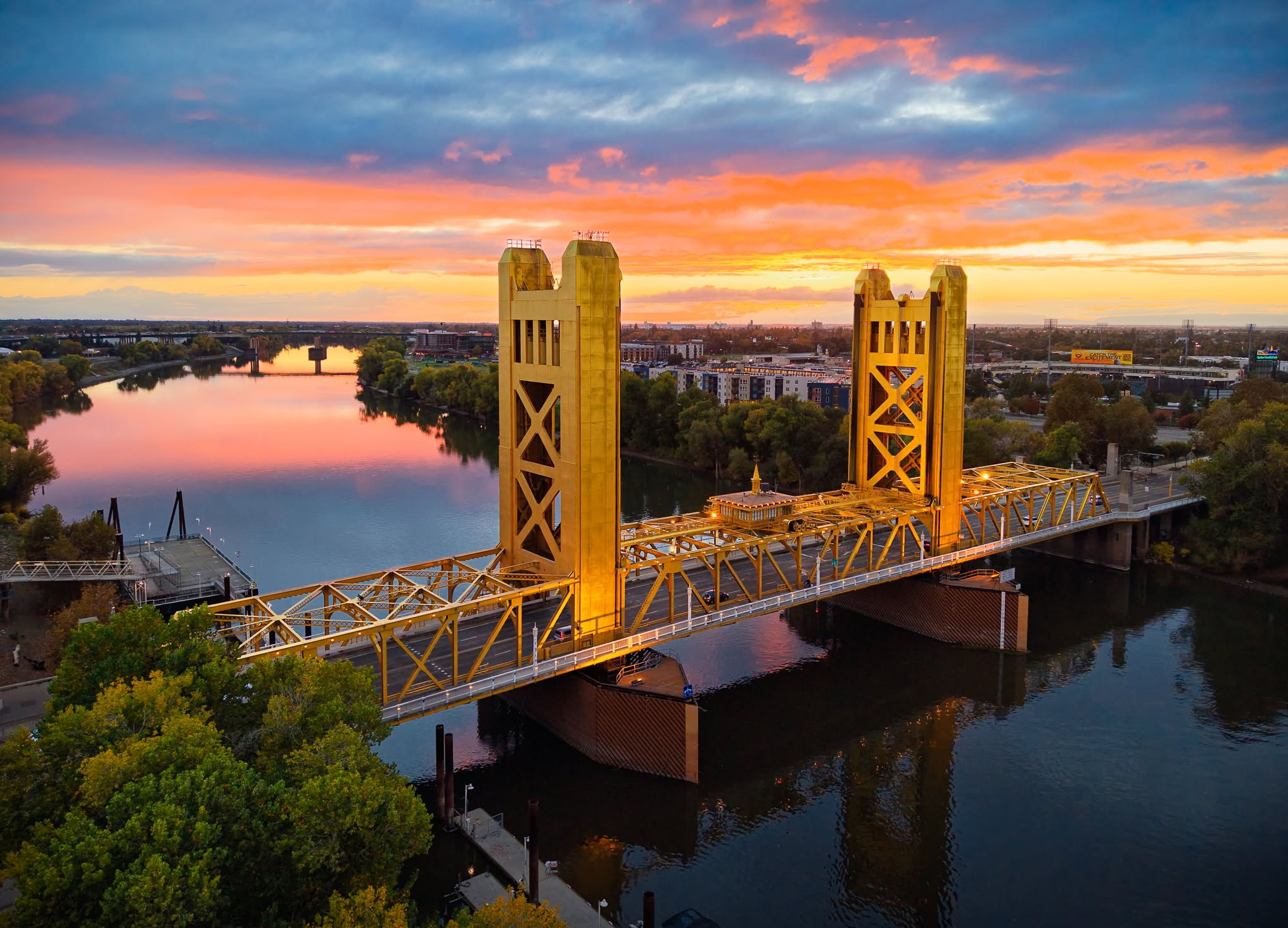 Sacramento Tower Bridge over the river at sunset